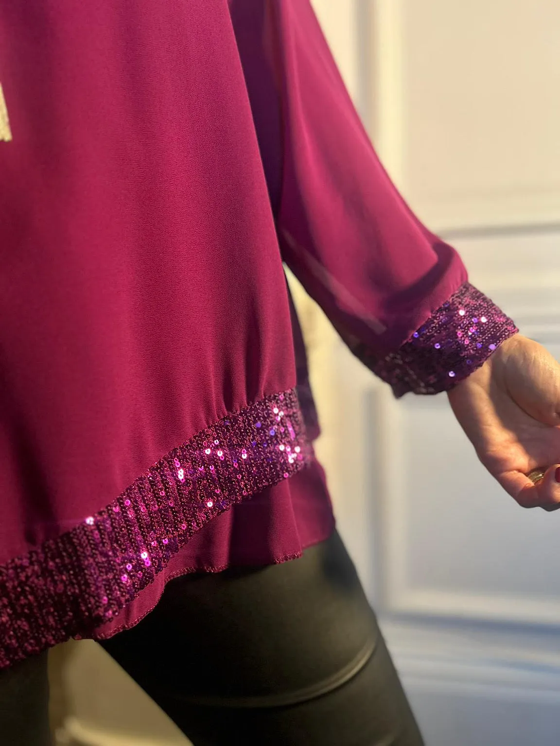 Grape Chiffon Sequin Hem Blouse Belle