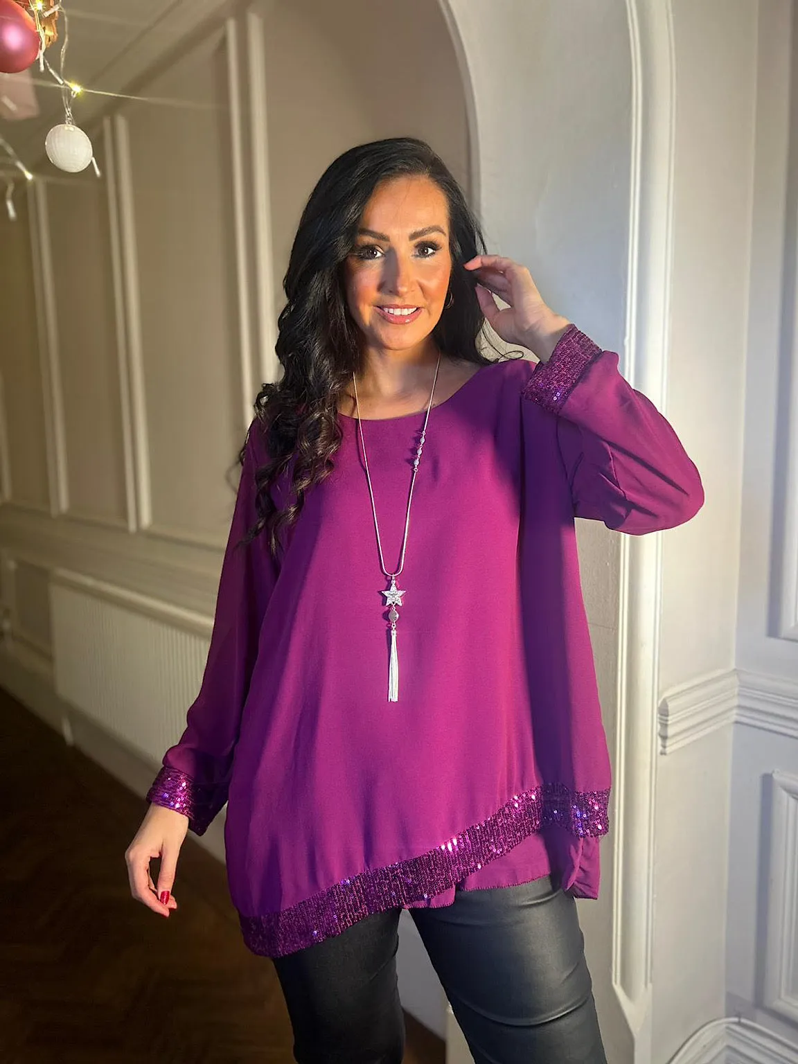 Grape Chiffon Sequin Hem Blouse Belle