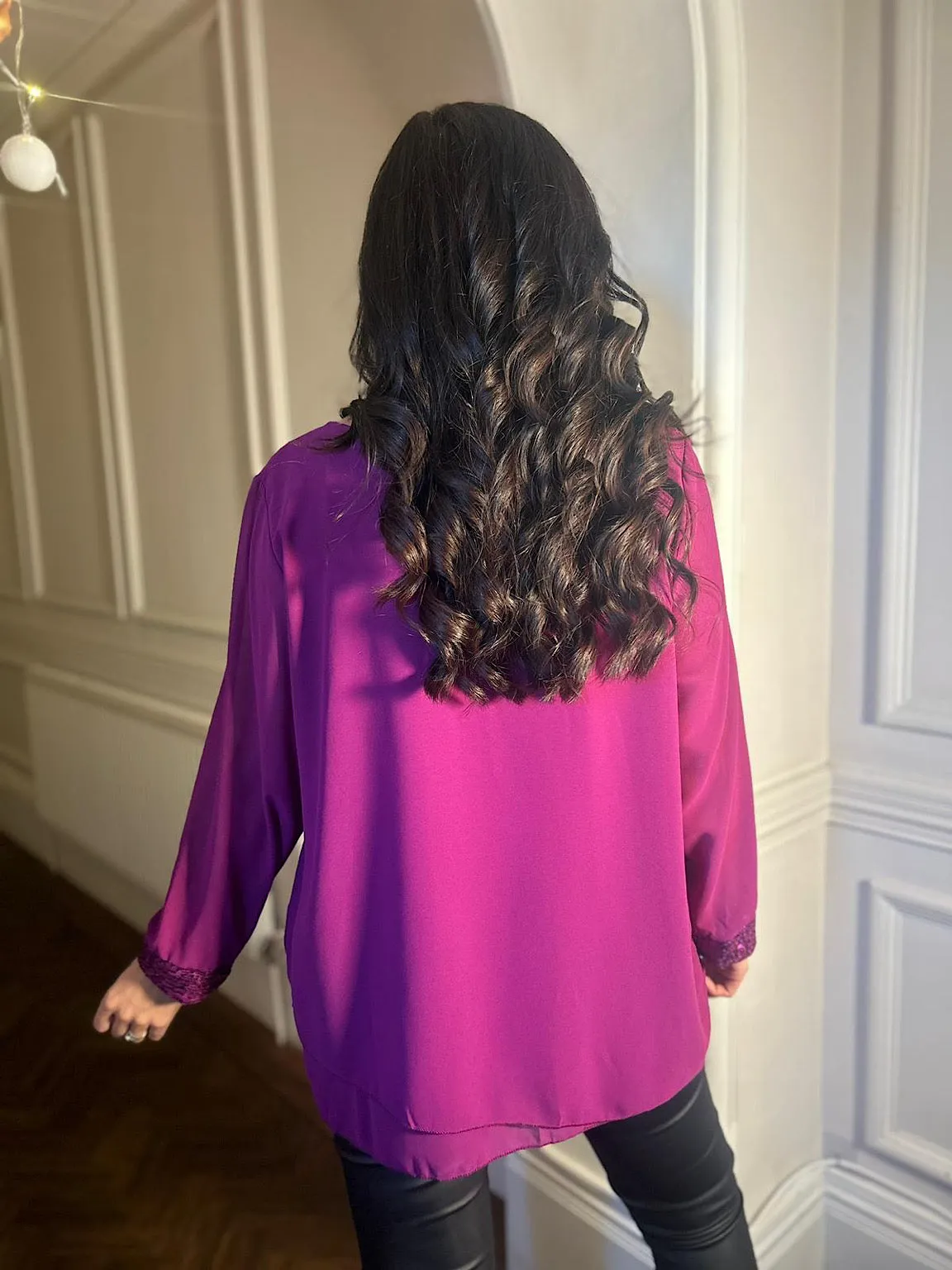 Grape Chiffon Sequin Hem Blouse Belle