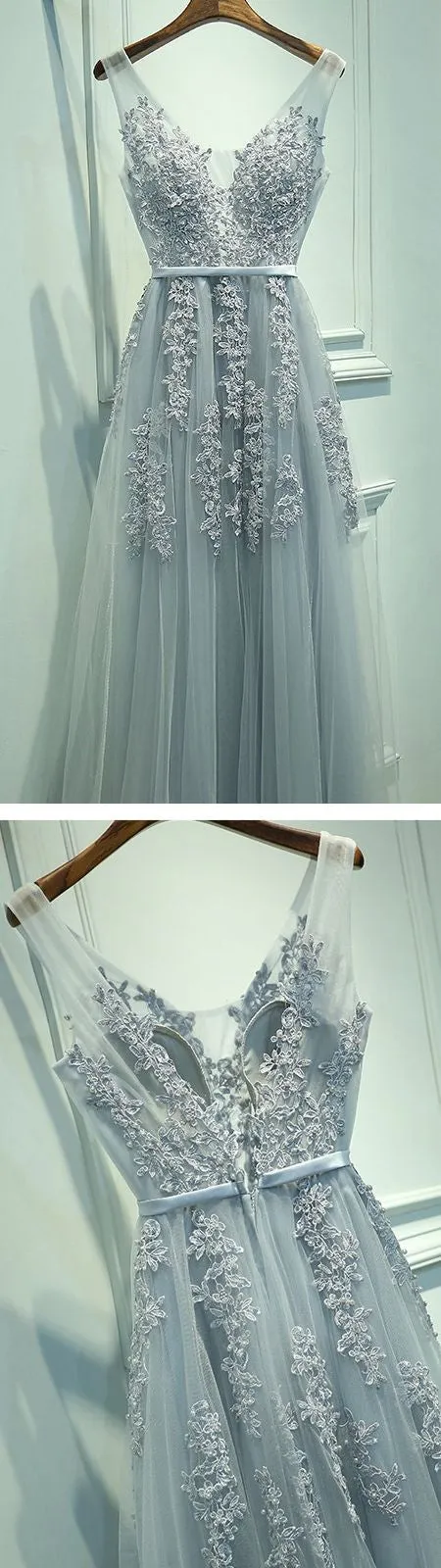 Grey Long V-Neck A line Lace Tulle Prom Dress