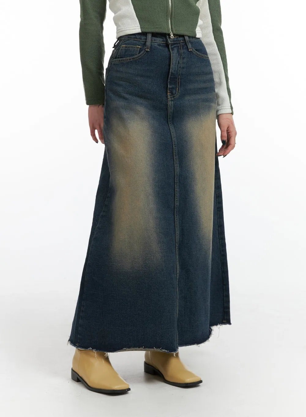 Grunge A-Line Denim Maxi Skirt IJ410