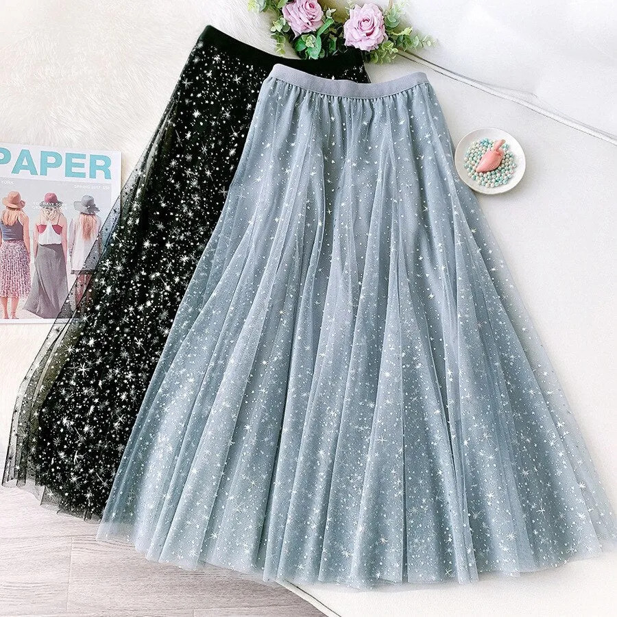 Harjuku Elastic High Waist Starry Sky Shiny Mesh Women A-Line Pleated Skirt