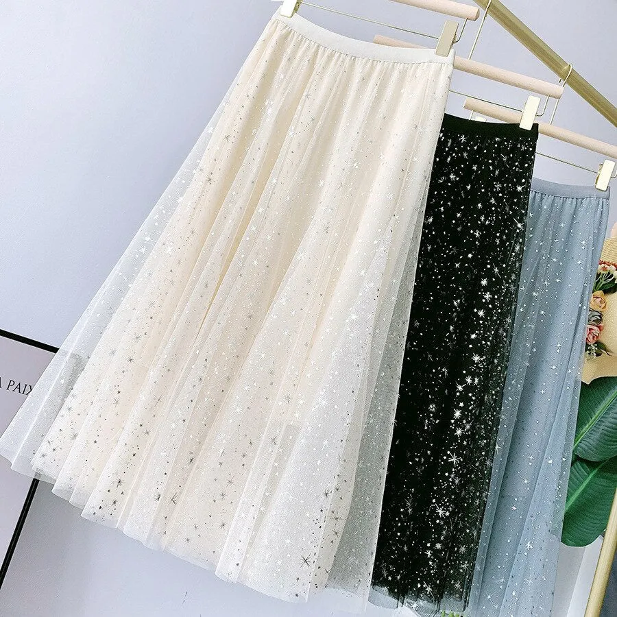 Harjuku Elastic High Waist Starry Sky Shiny Mesh Women A-Line Pleated Skirt