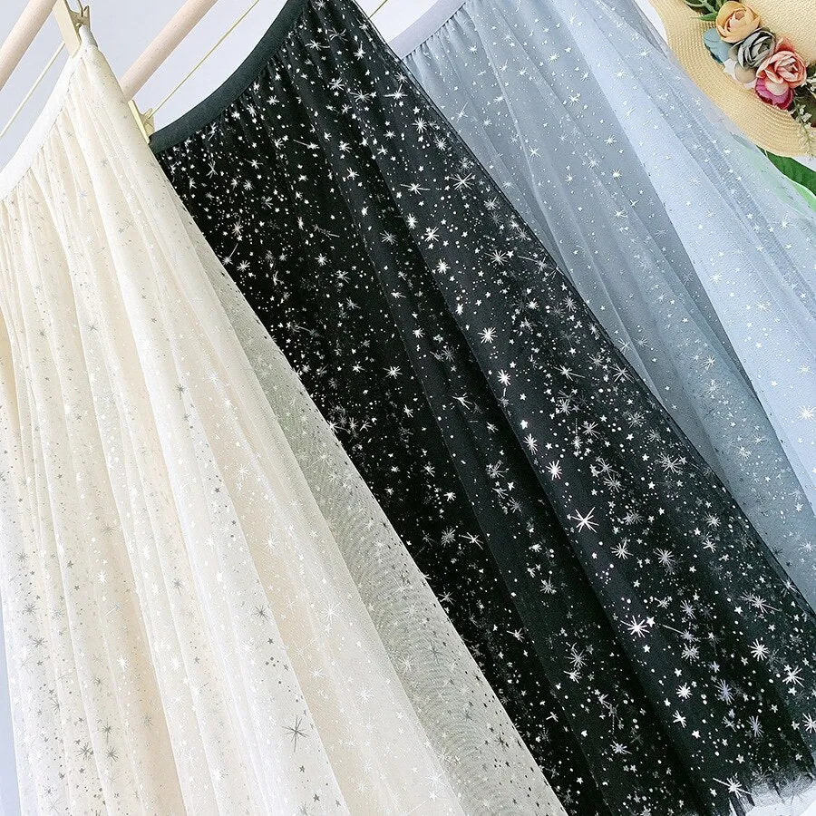 Harjuku Elastic High Waist Starry Sky Shiny Mesh Women A-Line Pleated Skirt