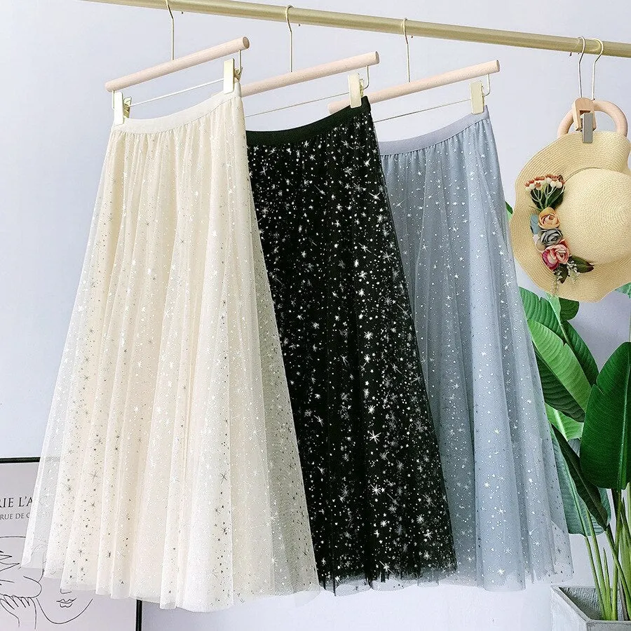 Harjuku Elastic High Waist Starry Sky Shiny Mesh Women A-Line Pleated Skirt