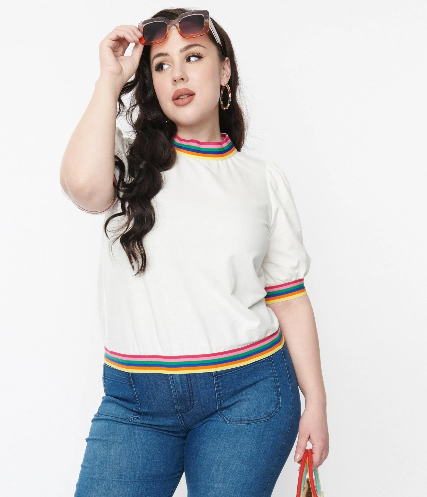 Ivory & Rainbow Trim Mock Neck Top