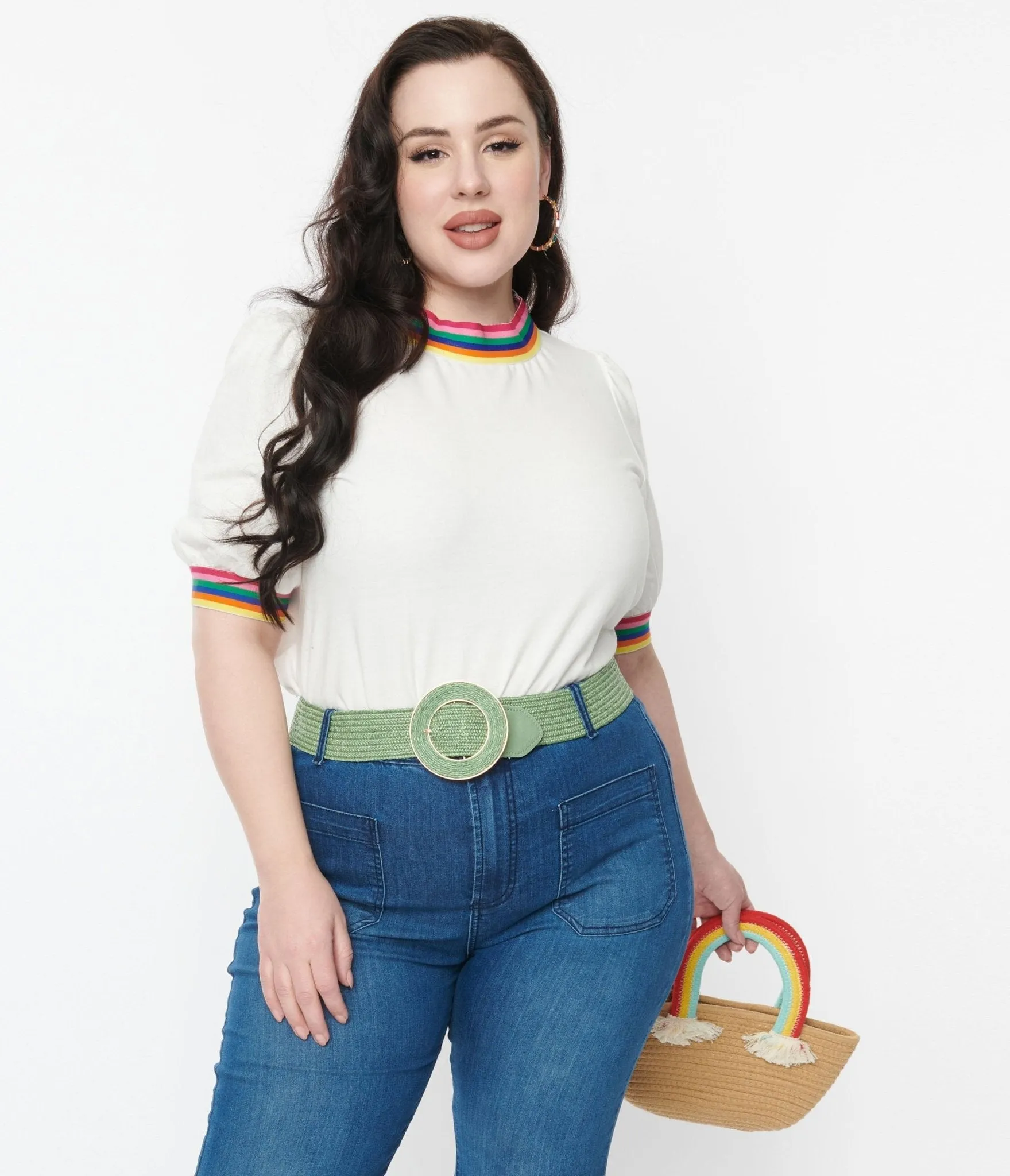 Ivory & Rainbow Trim Mock Neck Top