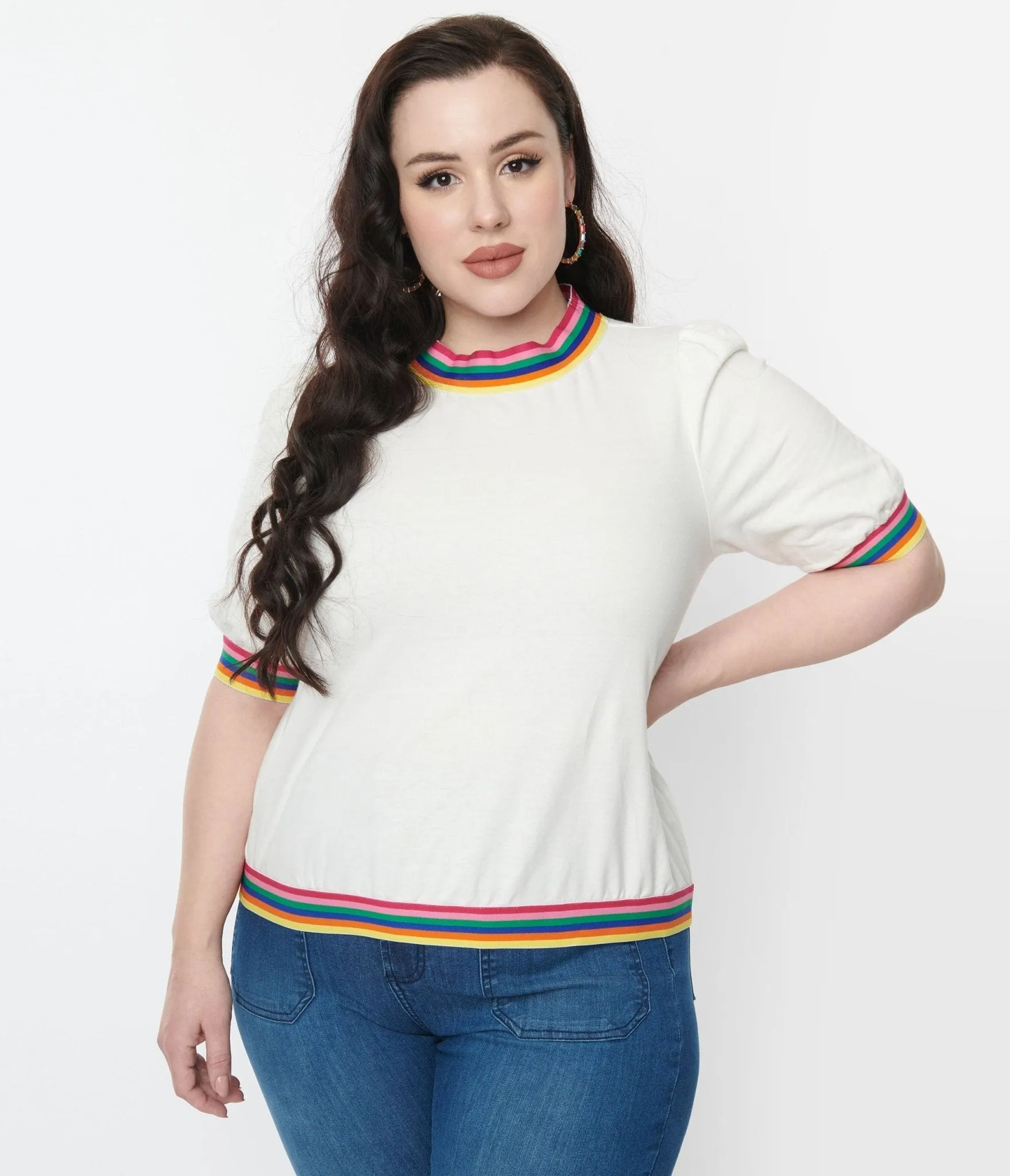 Ivory & Rainbow Trim Mock Neck Top