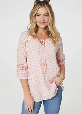 Izabel London Pink Floral Lace Three-Quarter Sleeve Blouse | Grattan