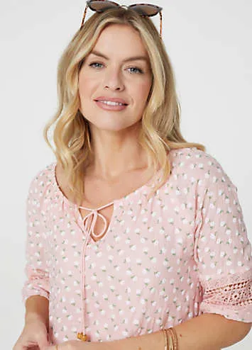 Izabel London Pink Floral Lace Three-Quarter Sleeve Blouse | Grattan