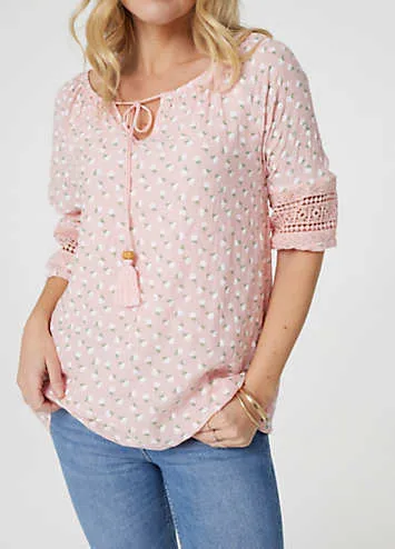 Izabel London Pink Floral Lace Three-Quarter Sleeve Blouse | Grattan