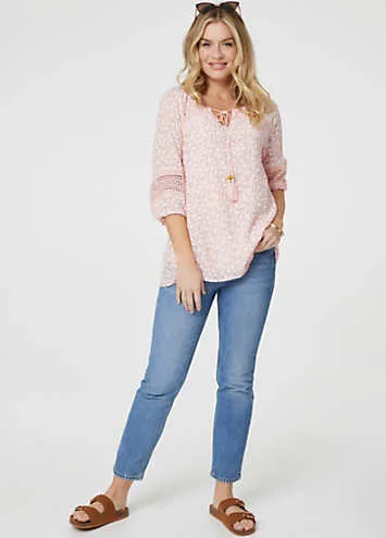 Izabel London Pink Floral Lace Three-Quarter Sleeve Blouse | Grattan