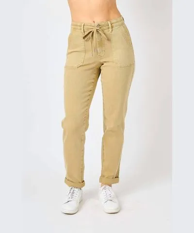 Judy Blue High Waist Garment Dyed Cuffed Joggers In Khaki