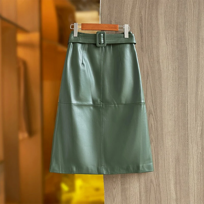 Khaki Green PU Leather Skirt With Belt Casual A-line Quality Saia for Ladies