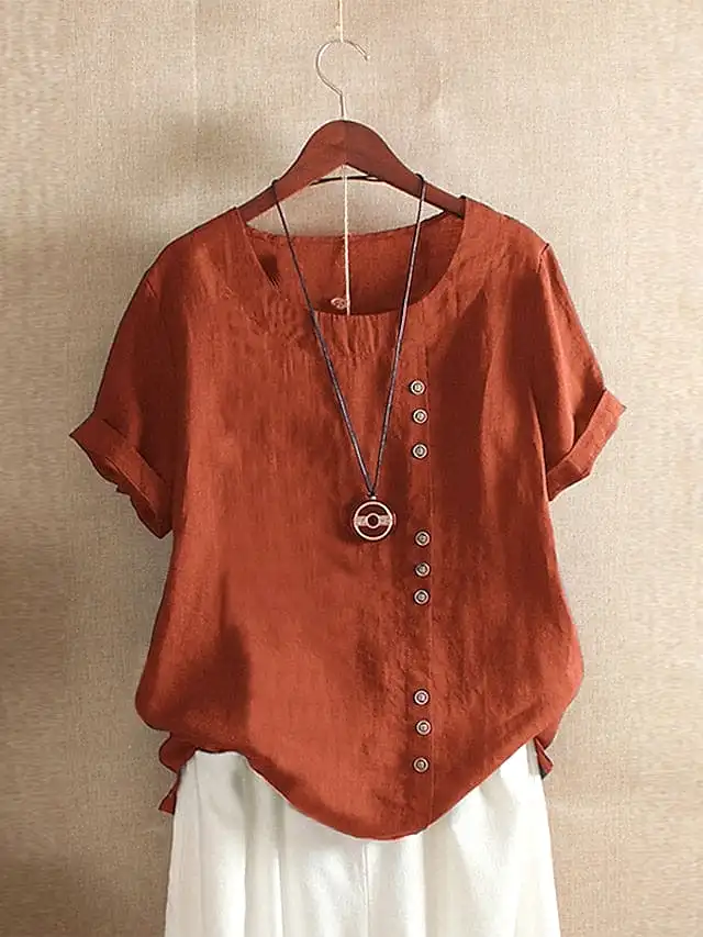 Ladies' Linen Shirt with Patchwork Short Sleeve Casual Style