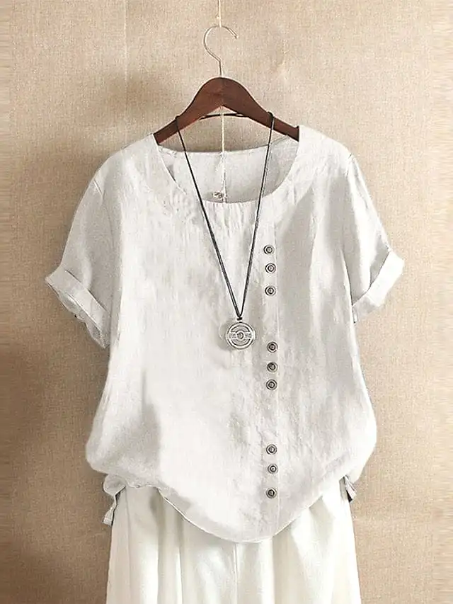 Ladies' Linen Shirt with Patchwork Short Sleeve Casual Style