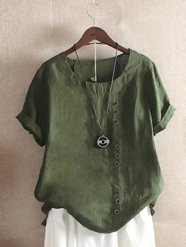 Ladies' Linen Shirt with Patchwork Short Sleeve Casual Style