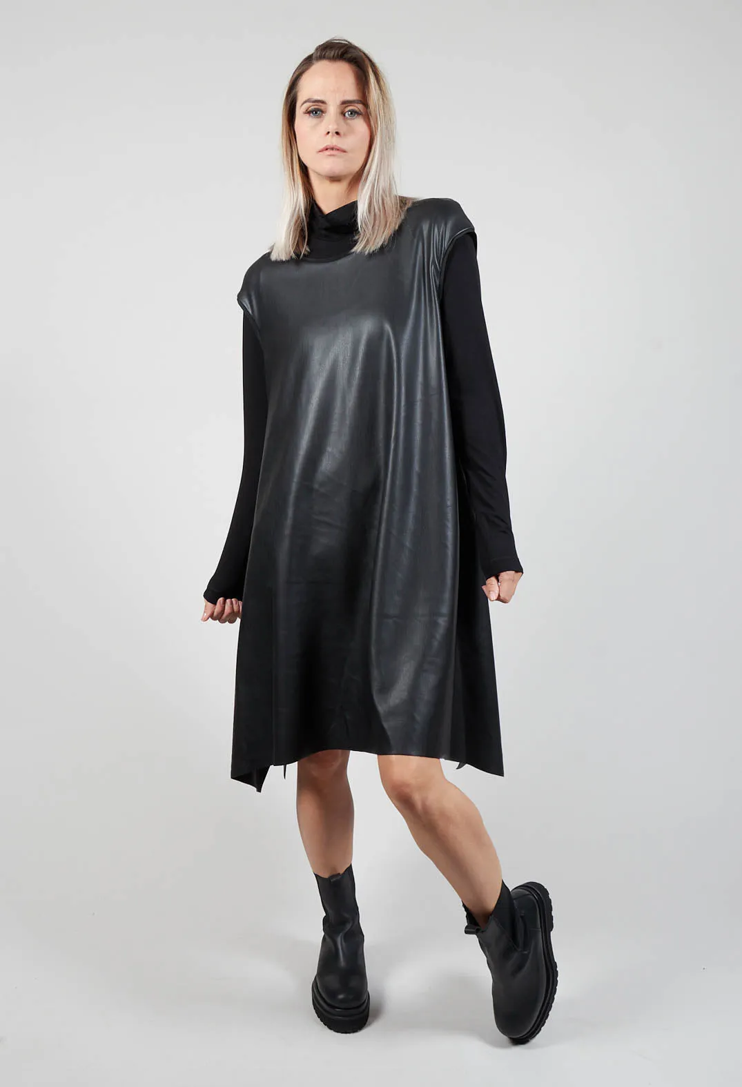 Leather Look A Line Dress in Black