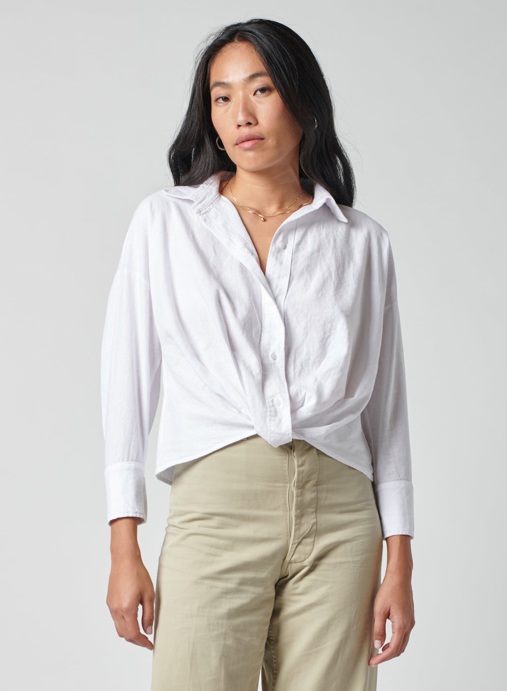 Linen Long Sleeve Front Twist Shirt in White