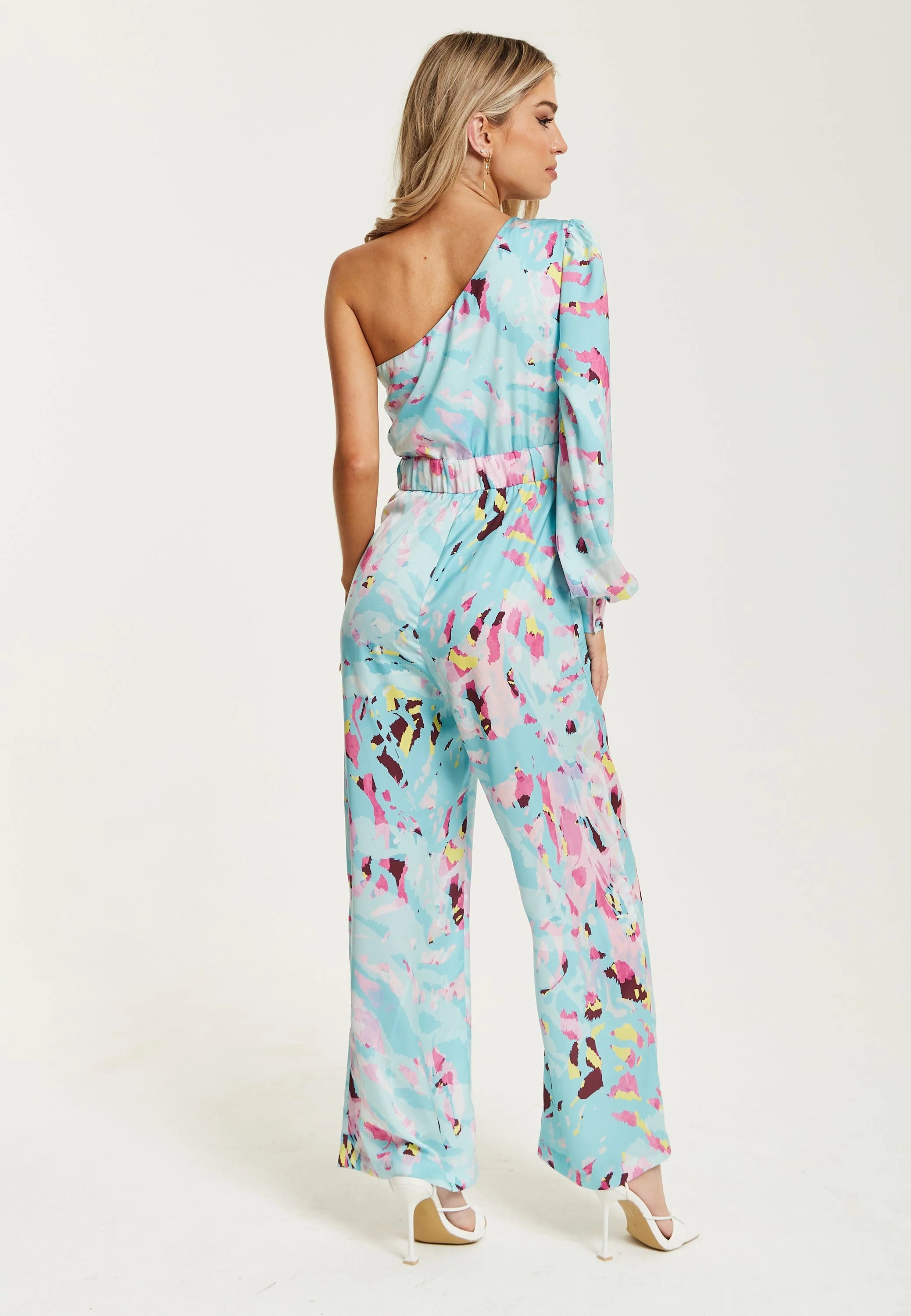 Liquorish Blue Abstract Print One Shoulder Jumpsui