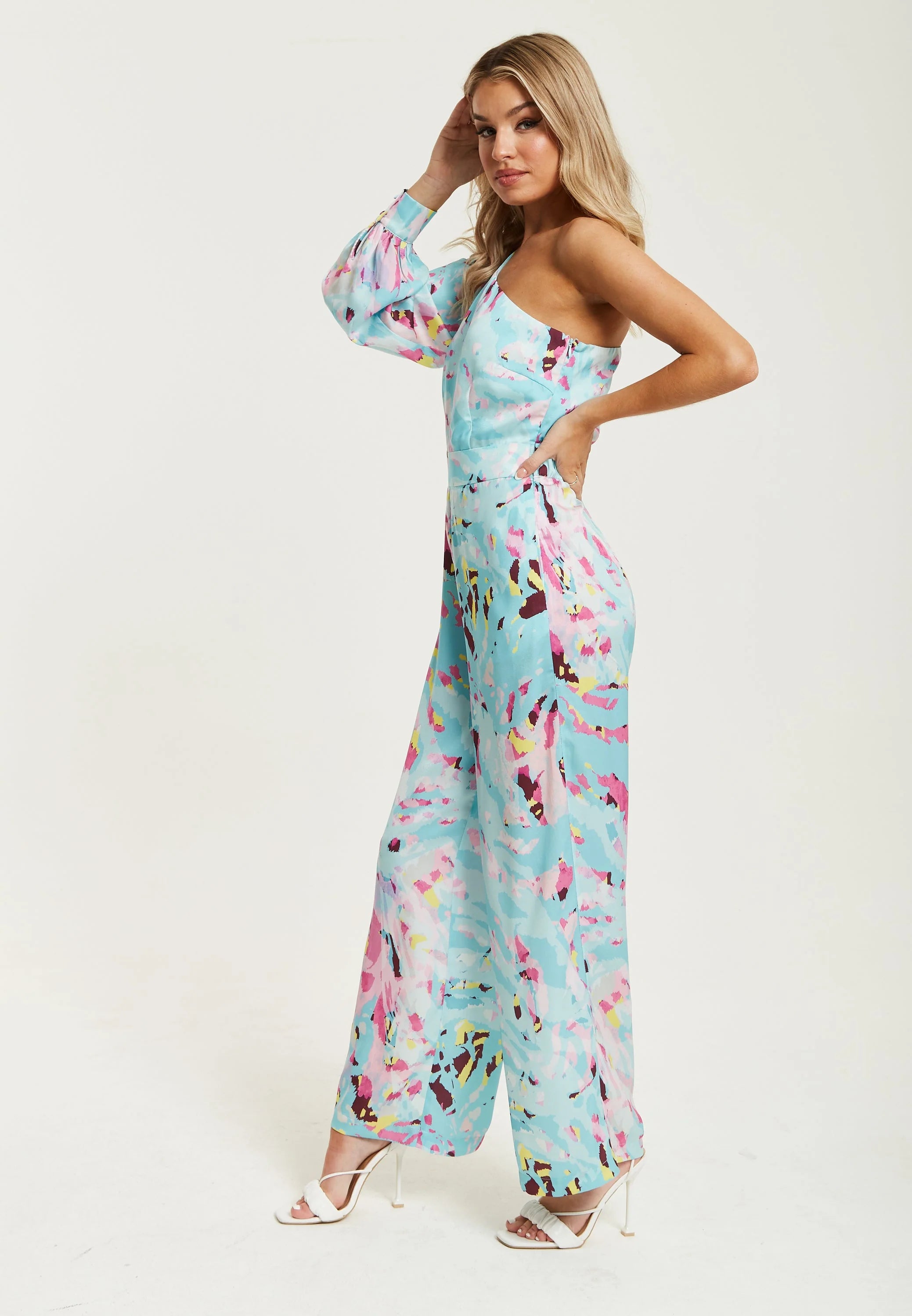 Liquorish Blue Abstract Print One Shoulder Jumpsui