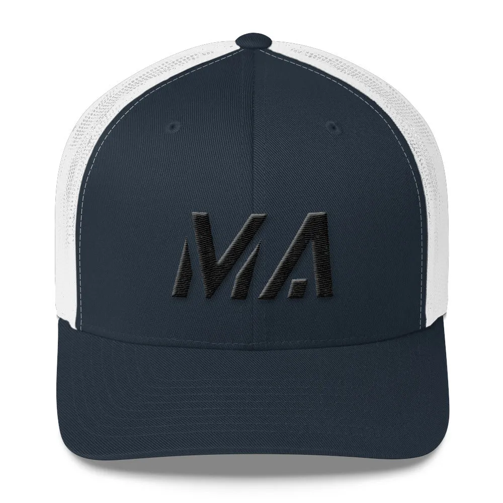 Massachusetts - Mesh Back Trucker Cap - Black Embroidery - MA - Many Hat Color Options Available