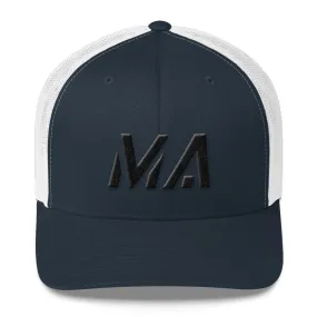 Massachusetts - Mesh Back Trucker Cap - Black Embroidery - MA - Many Hat Color Options Available