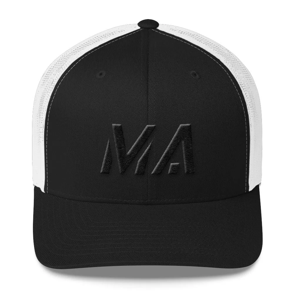 Massachusetts - Mesh Back Trucker Cap - Black Embroidery - MA - Many Hat Color Options Available