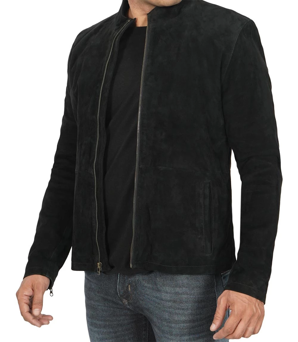 Men's Black Cafe Racer Suede Jacket