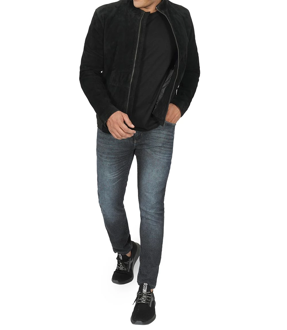 Men's Black Cafe Racer Suede Jacket