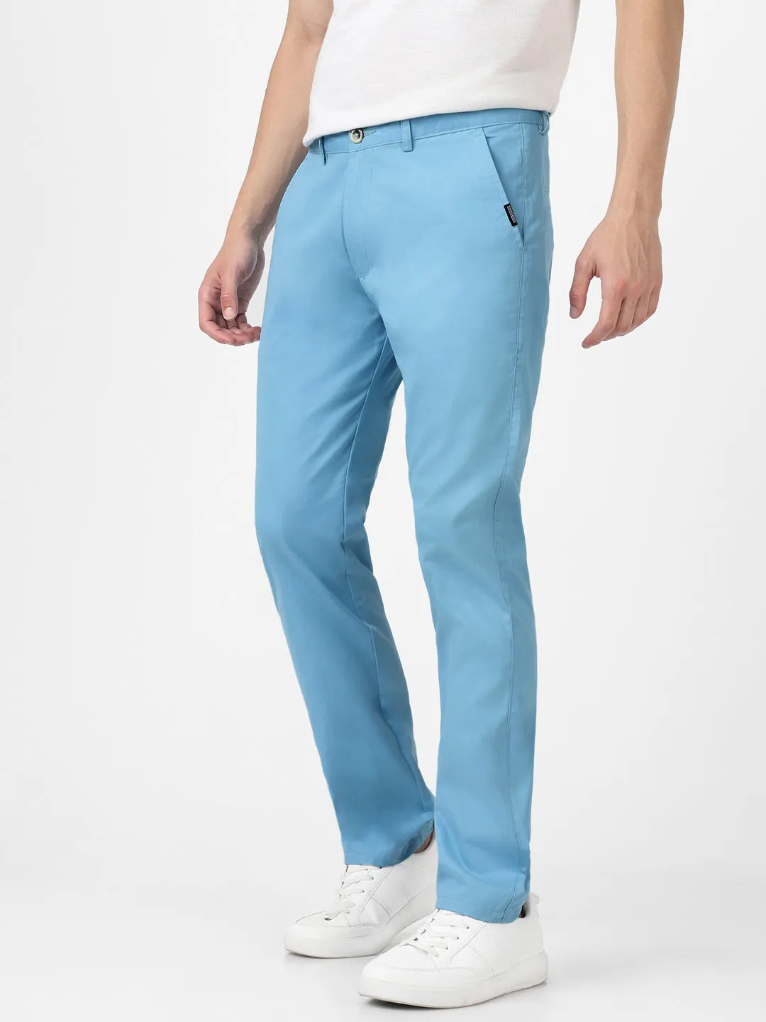 Men's Blue Cotton Light Weight Non-Stretch Slim Fit Casual Trousers