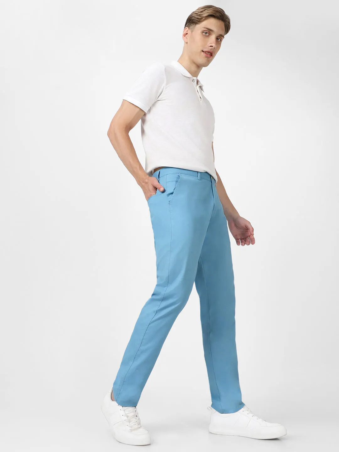 Men's Blue Cotton Light Weight Non-Stretch Slim Fit Casual Trousers