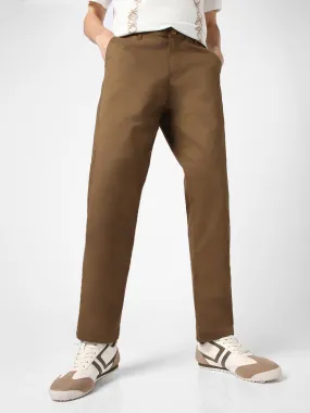 Men's Brown Cotton Regular Fit Casual Chinos Trousers Stretch