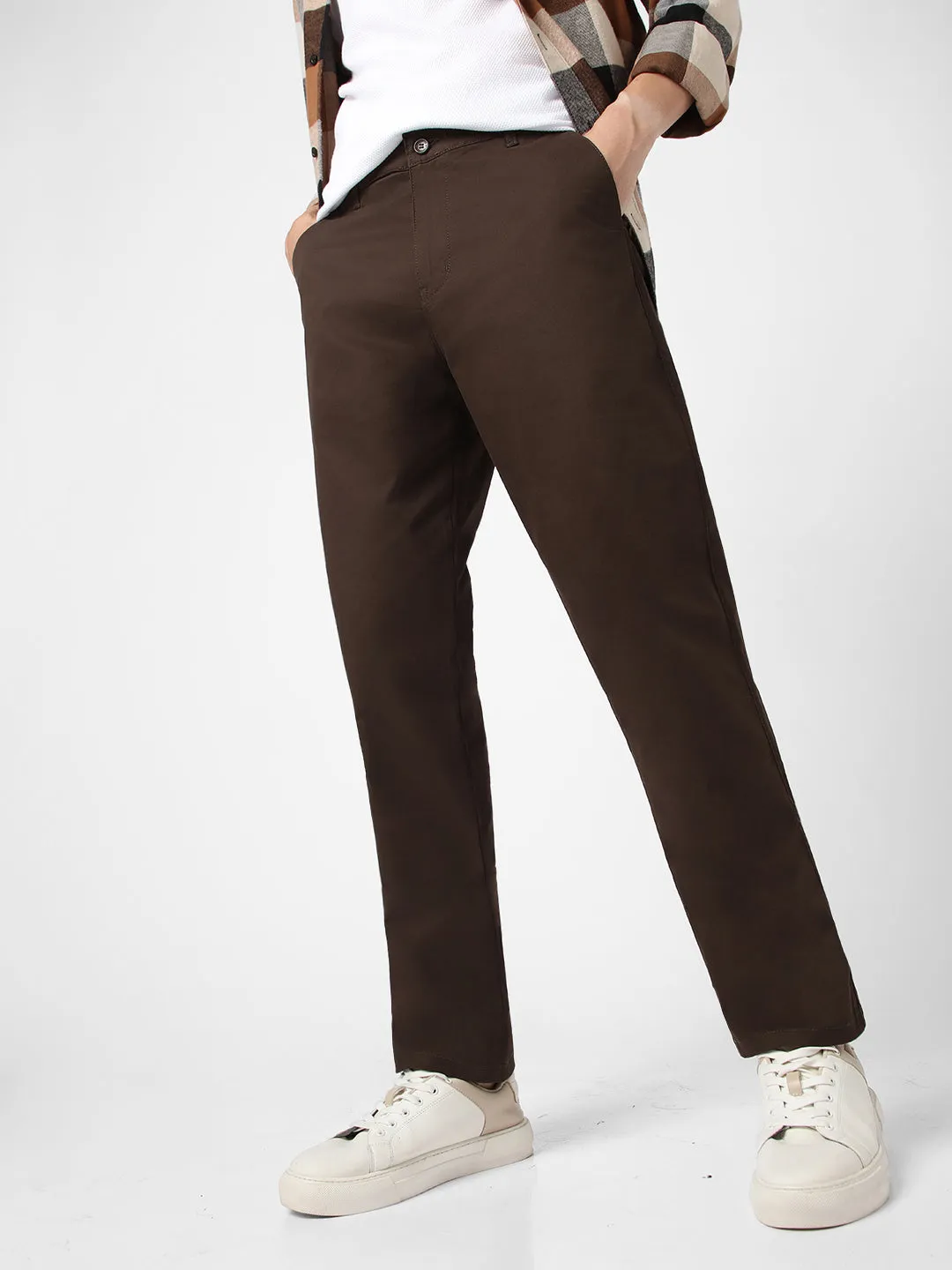 Men's Chocolate Brown Cotton Regular Fit Casual Chinos Trousers Stretch