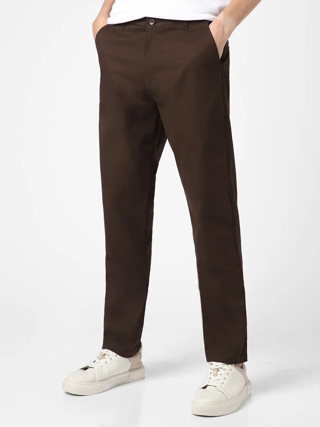 Men's Chocolate Brown Cotton Regular Fit Casual Chinos Trousers Stretch