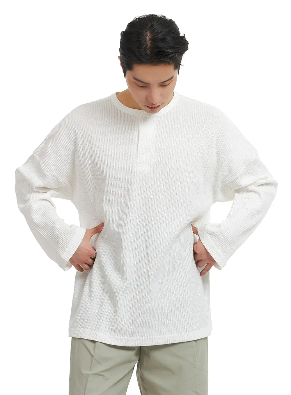 Men's Quarter Button Round Neck Long Sleeve IA401