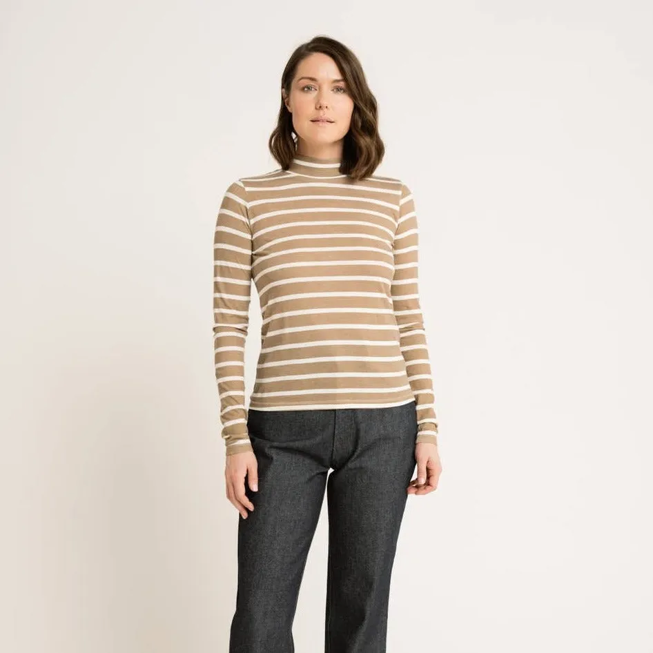 Mock Neck Long Sleeve Tee - Tannin Stripe