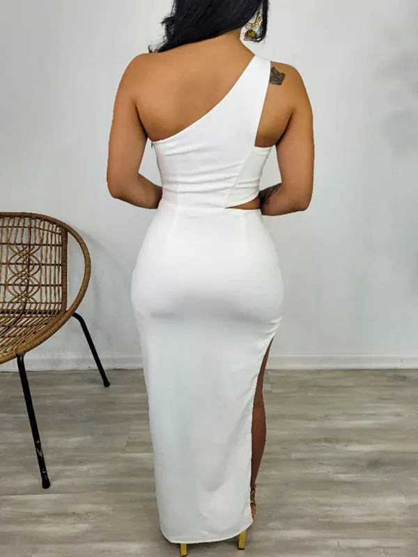 Momnfancy Irregular Cut Out One Shoulder Side Slit Bodycon Fashion Maternity Photoshoot Baby Shower Party Maxi Dress