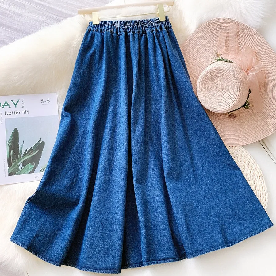 New Arrival Women Summer Denim Long Cotton Denim Material High Waist A-Line Skirt