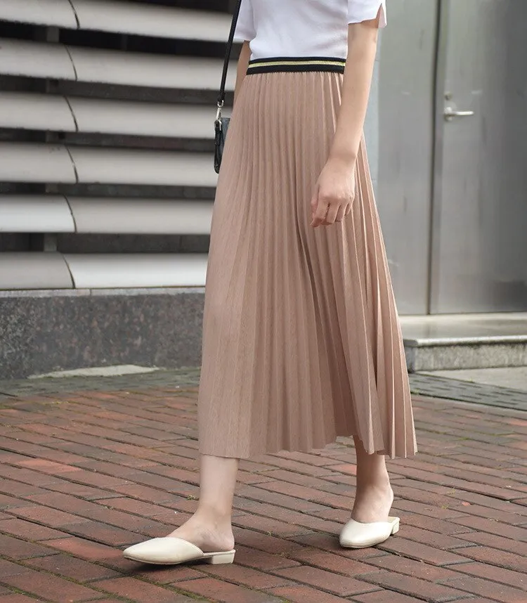 New Women Summer A-Line Pleated Stretch High Waist Long Skirt