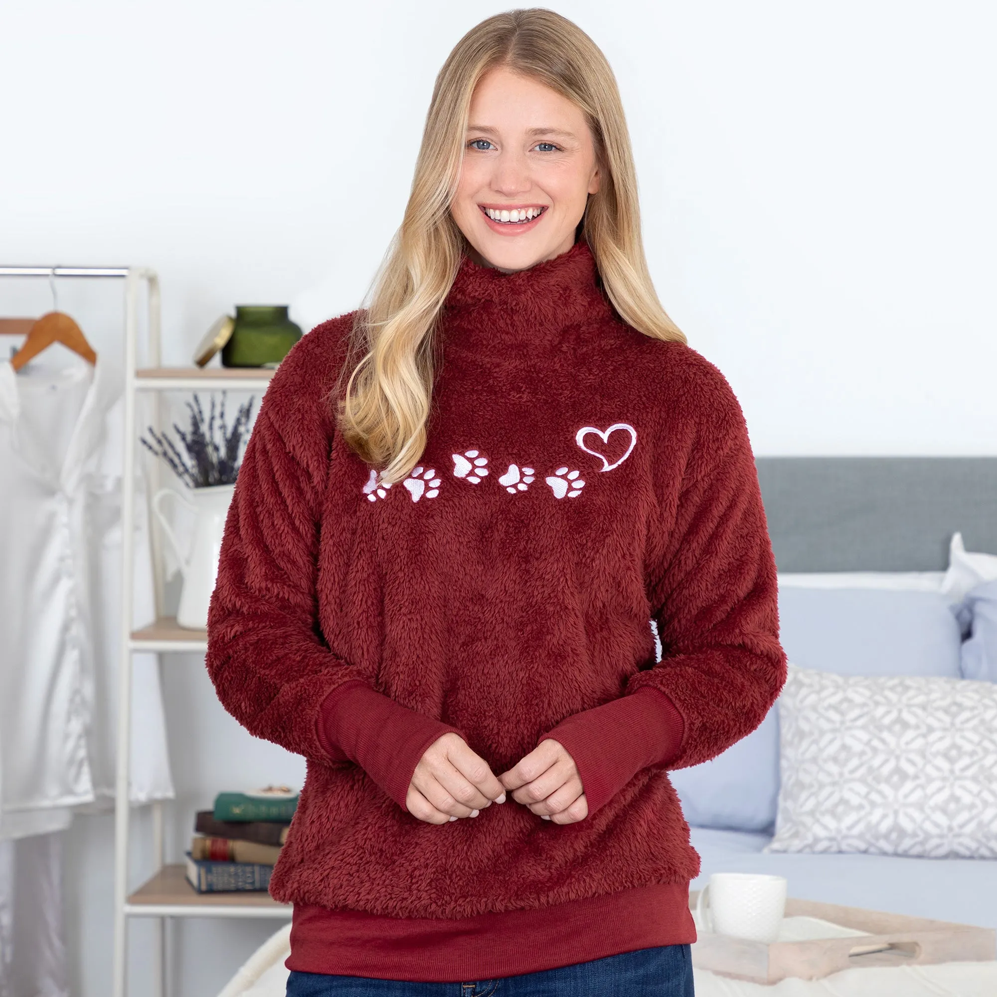 Paw Print Mock Neck Sherpa Fleece Pullover with Thumb Holes