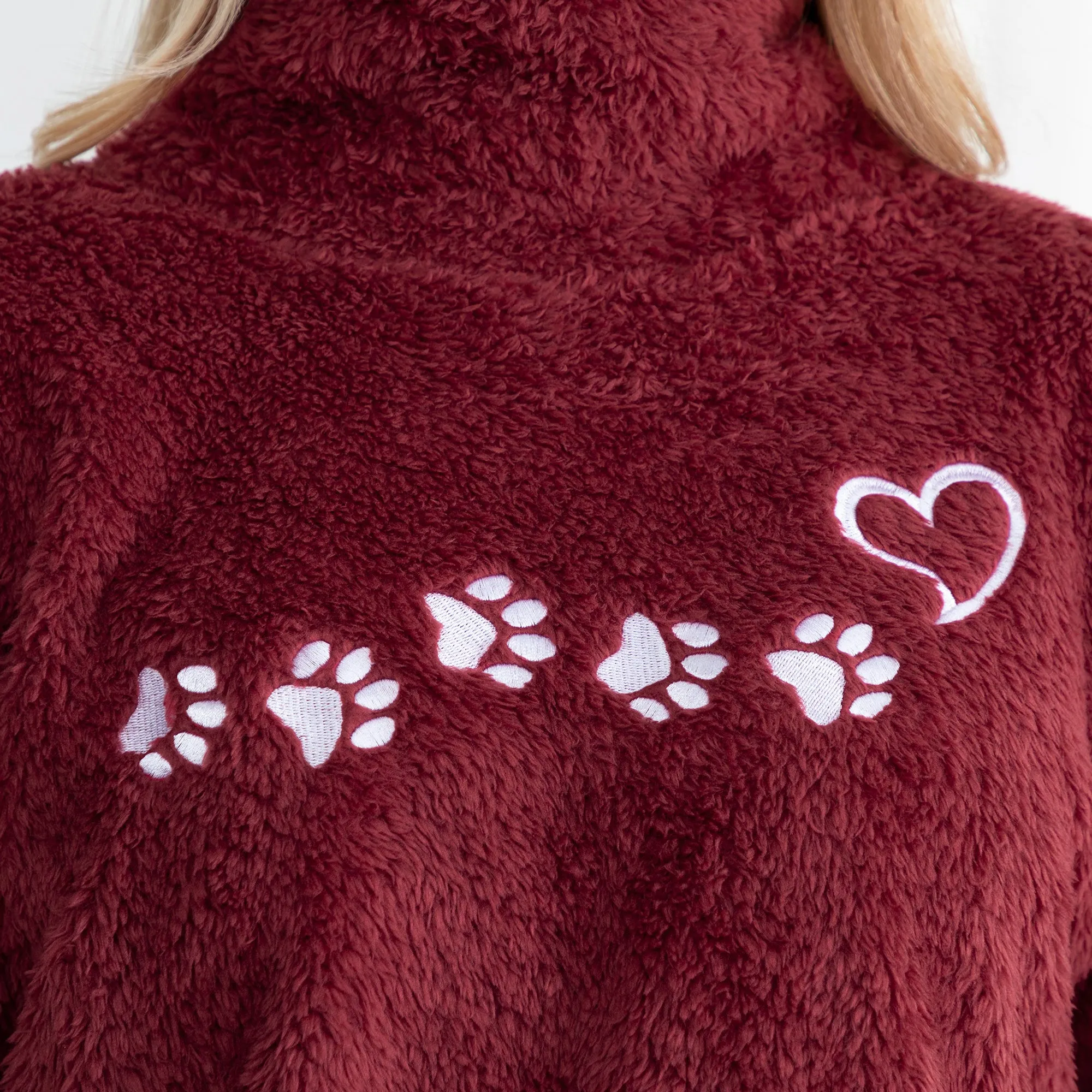 Paw Print Mock Neck Sherpa Fleece Pullover with Thumb Holes