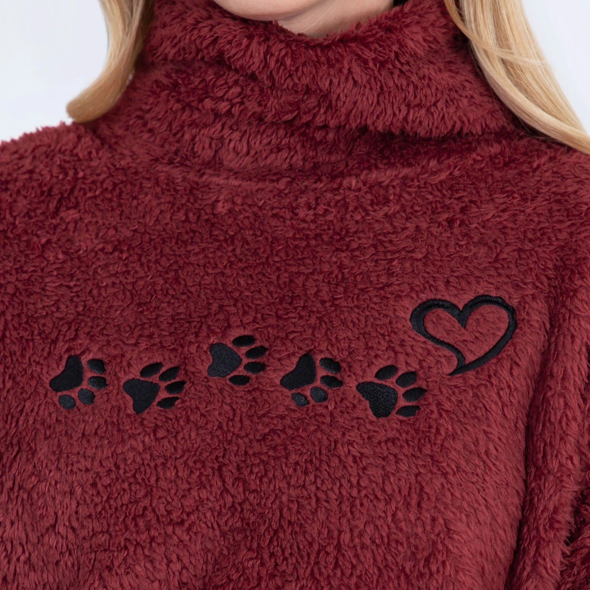 Paw Print Mock Neck Sherpa Fleece Pullover with Thumb Holes