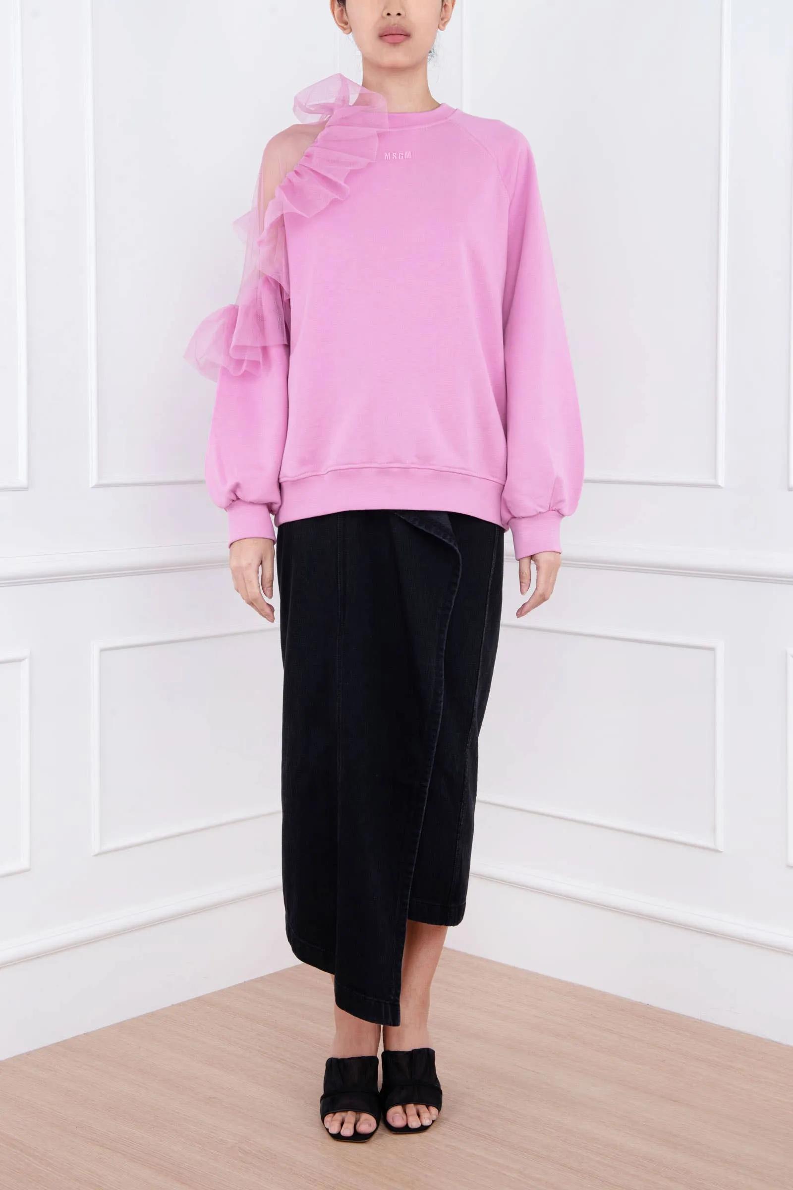 Pink Oversized Sweater with Tulle Sleeve