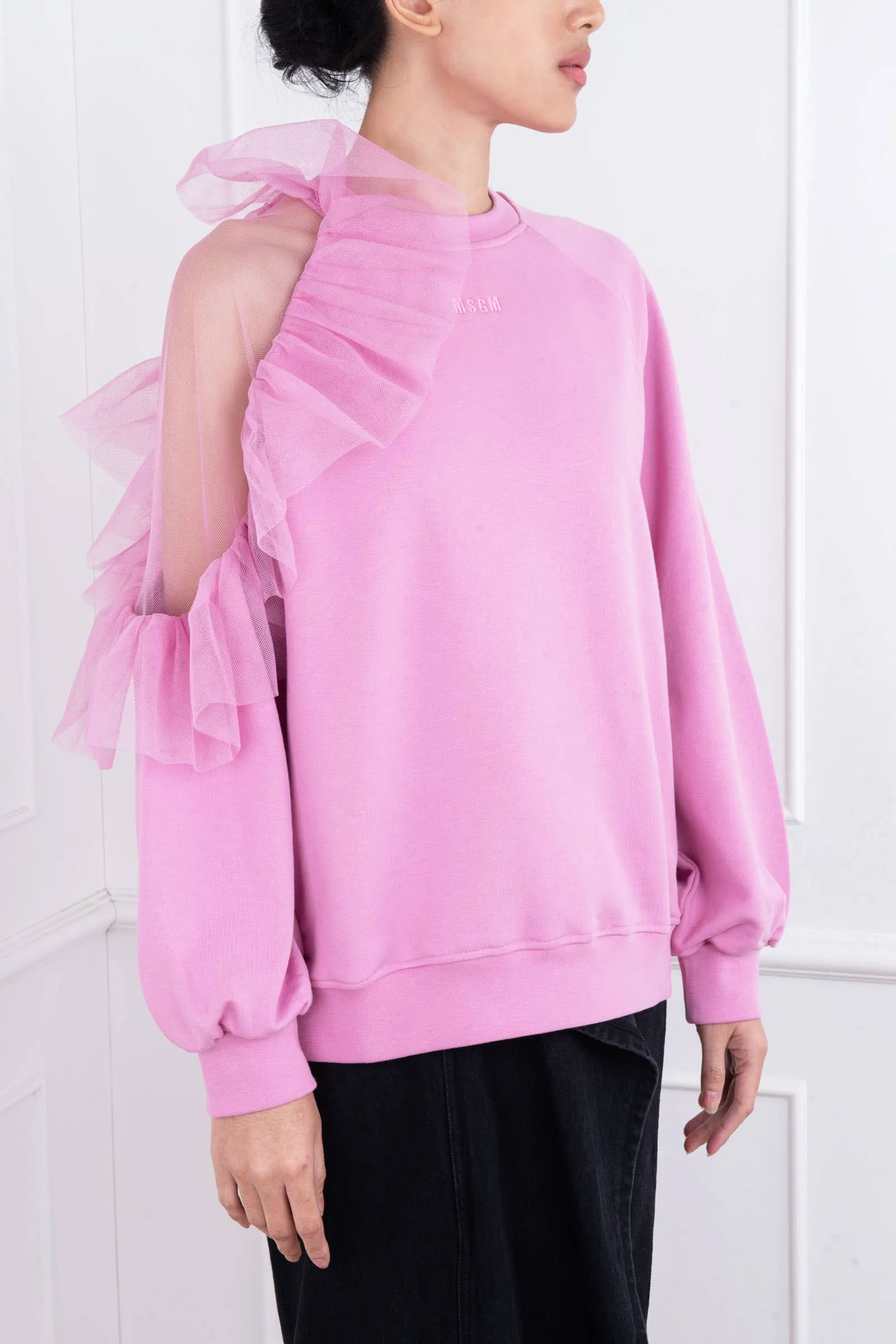 Pink Oversized Sweater with Tulle Sleeve