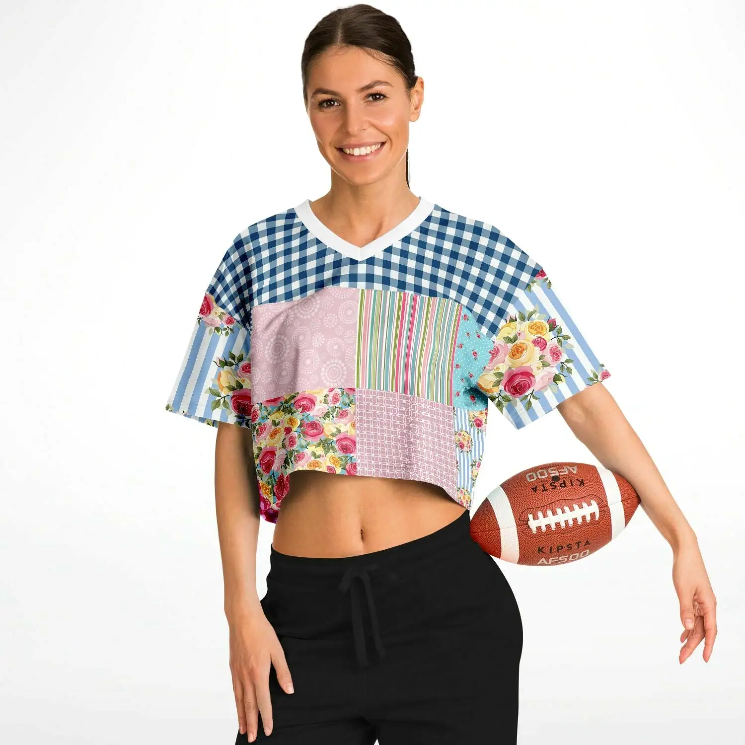 Pink Sherbert Floral Patchwork Plaid Crop Jersey