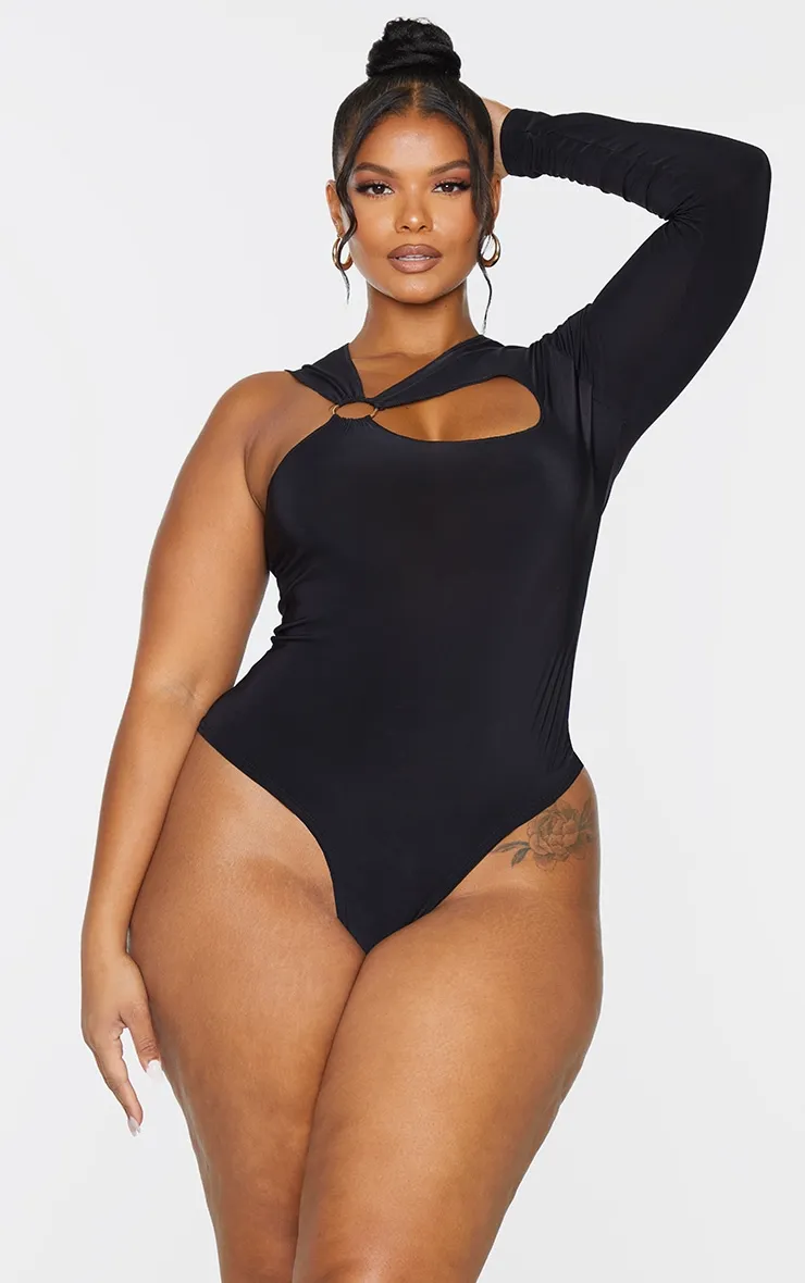 Plus Black Cut Out Ring Long Sleeve Bodysuit