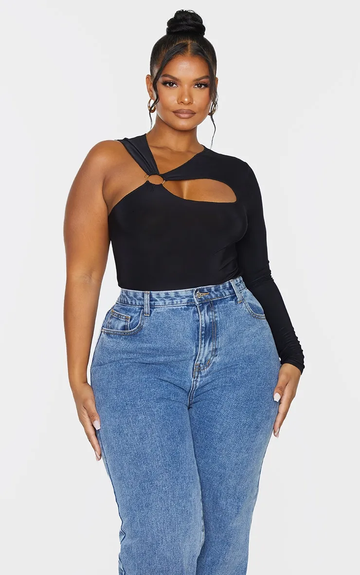 Plus Black Cut Out Ring Long Sleeve Bodysuit