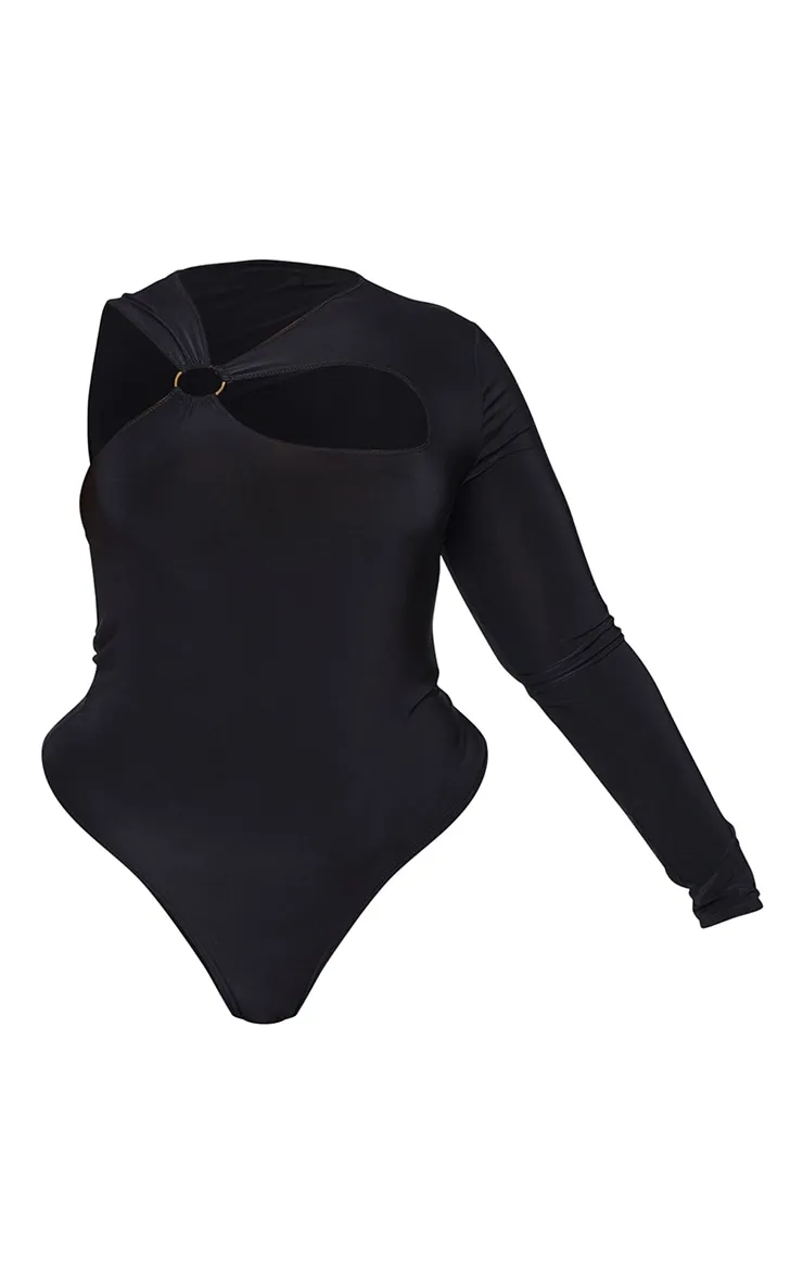 Plus Black Cut Out Ring Long Sleeve Bodysuit