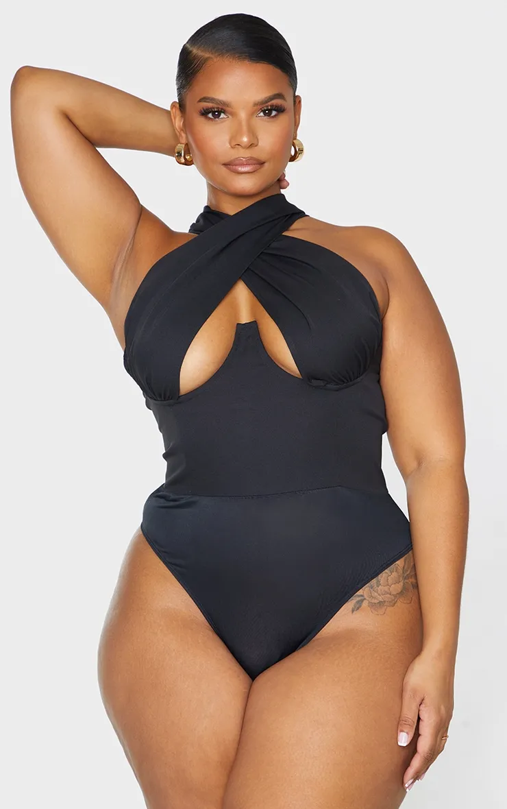 Plus Black Woven Cross Front Underwired Bodysuit